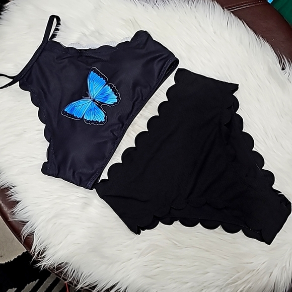 Blue Butterfly Bikini Set ✦ Scalloped Trim Halter Top ✦ Ribbed Cheeky Bottoms S - Picture 3 of 14